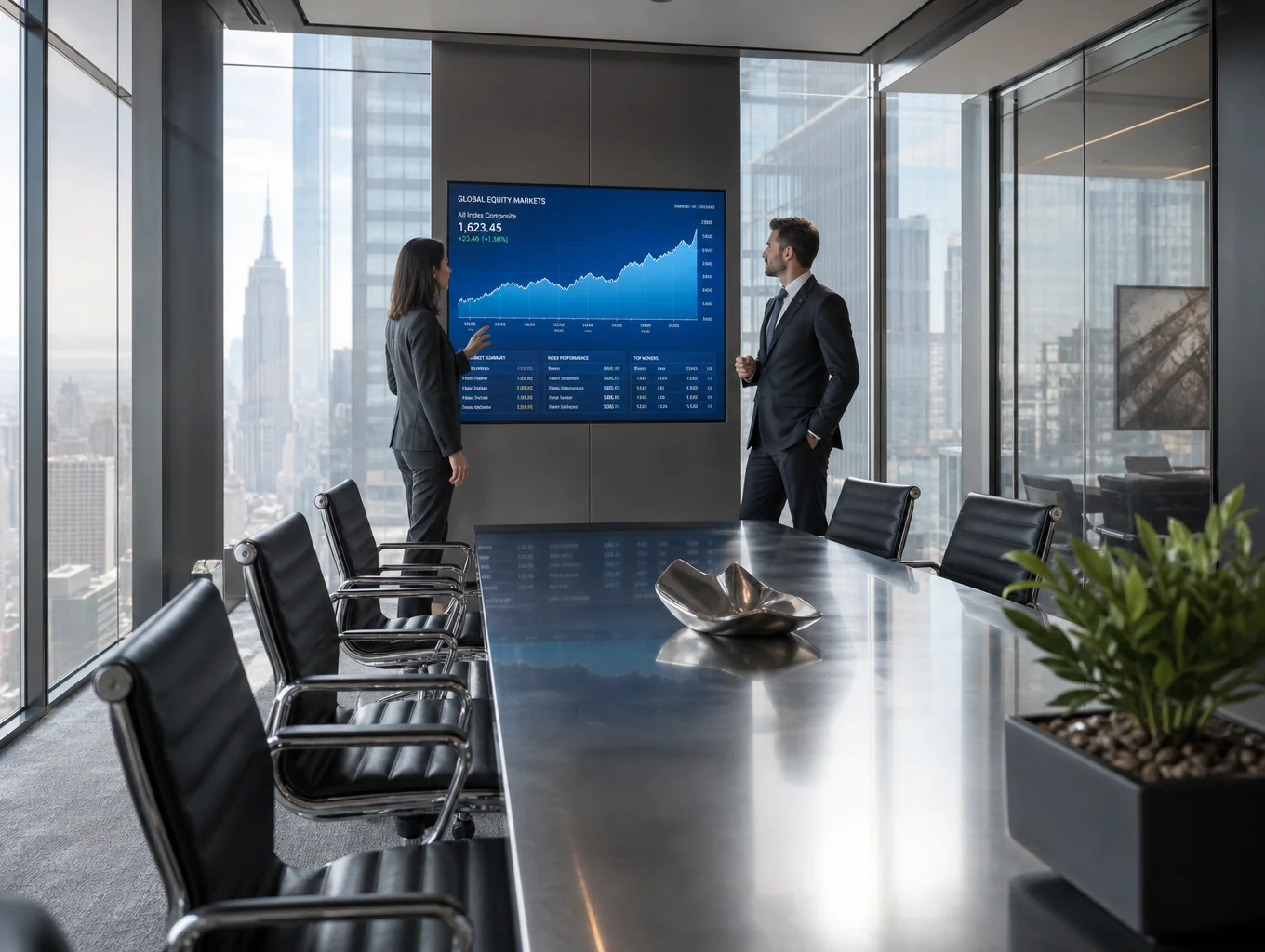Modern corporate boardroom overlooking a city skyline at dawn